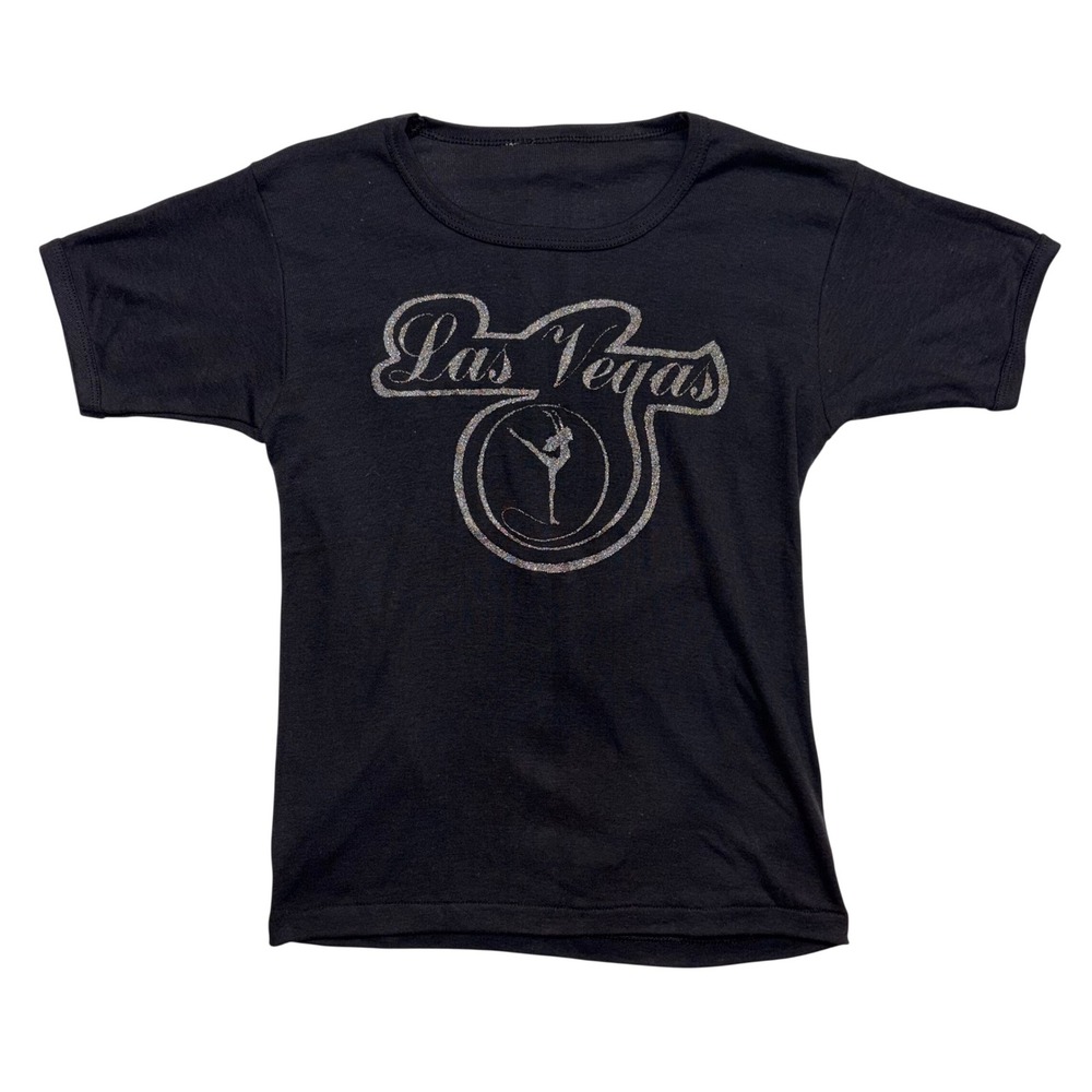 Vintage 70s Las Vegas Graphic T-Shirt Black Silver Glitter Dancer Souvenir Tee